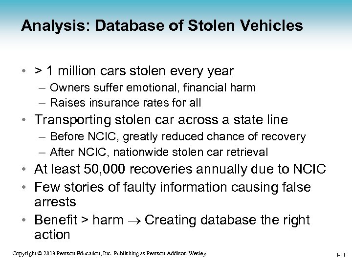 Analysis: Database of Stolen Vehicles • > 1 million cars stolen every year –