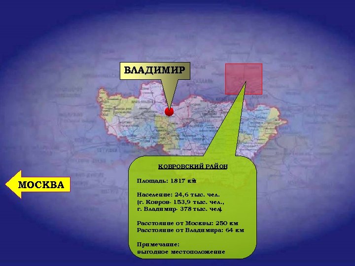 ВЛАДИМИР КОВРОВСКИЙ РАЙОН МОСКВА 2 Площадь: 1817 км Население: 24, 6 тыс. чел. (г.