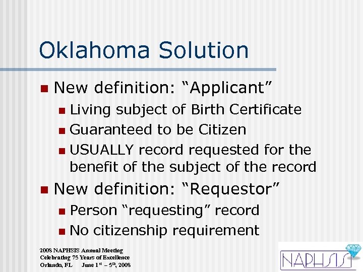 Oklahoma Solution n New definition: “Applicant” Living subject of Birth Certificate n Guaranteed to