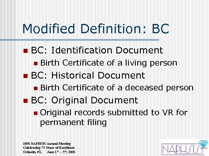 Modified Definition: BC n BC: Identification Document n n BC: Historical Document n n