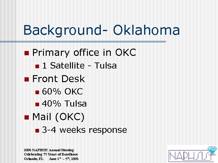 Background- Oklahoma n Primary office in OKC n n 1 Satellite - Tulsa Front
