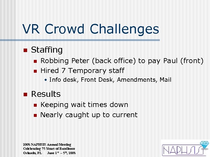 VR Crowd Challenges n Staffing n n Robbing Peter (back office) to pay Paul
