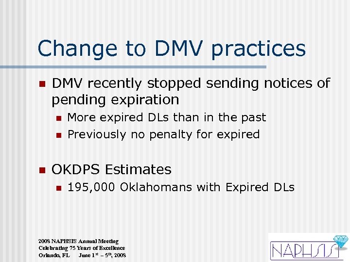 Change to DMV practices n DMV recently stopped sending notices of pending expiration n