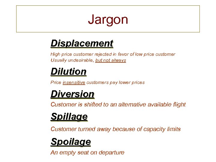 Jargon Displacement High price customer rejected in favor of low price customer Usually undesirable,