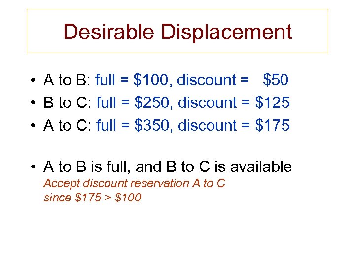 Desirable Displacement • A to B: full = $100, discount = $50 • B