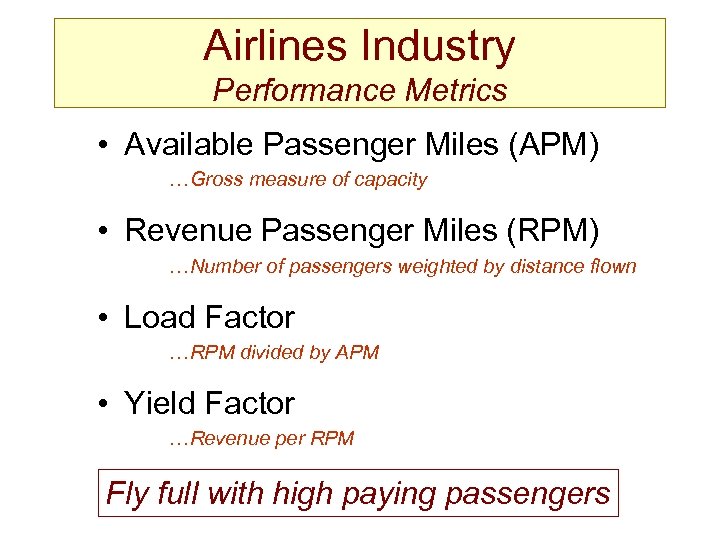 Airlines Industry Performance Metrics • Available Passenger Miles (APM) …Gross measure of capacity •