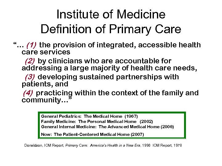 Institute of Medicine Definition of Primary Care “… (1) the provision of integrated, accessible