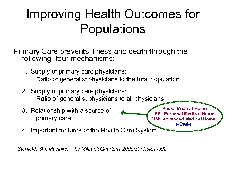 Improving Health Outcomes for Populations Primary Care prevents illness and death through the following