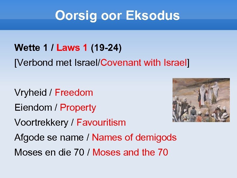 Oorsig oor Eksodus Wette 1 / Laws 1 (19 -24) [Verbond met Israel/Covenant with