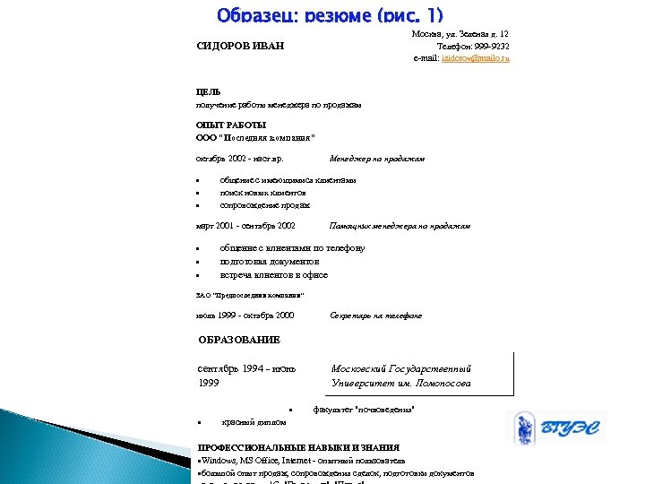 Образец: резюме (рис. 1) Москва, ул. Зеленая д. 12 Телефон: 999 -9232 e-mail: isidorov@mailo.