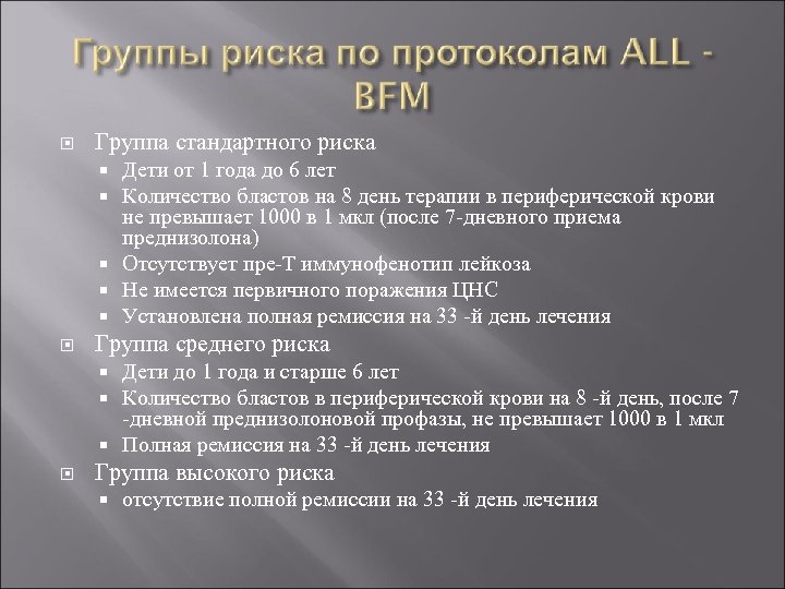  Группа стандартного риска Дети от 1 года до 6 лет Количество бластов на