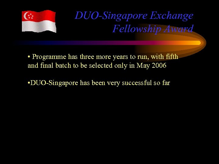 DUO-Singapore Exchange Fellowship Award • Programme has three more years to run, with fifth