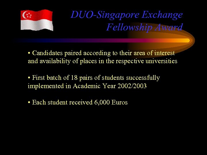 DUO-Singapore Exchange Fellowship Award • Candidates paired according to their area of interest and