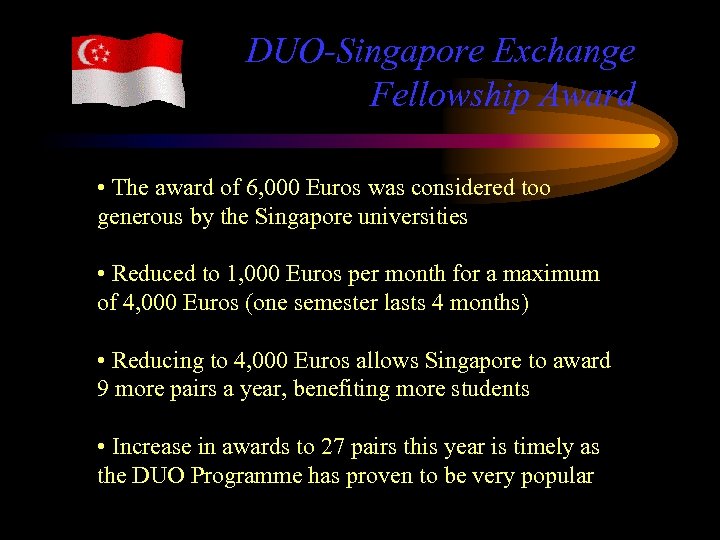 DUO-Singapore Exchange Fellowship Award • The award of 6, 000 Euros was considered too