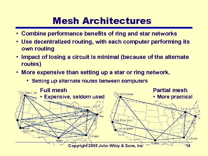 Mesh Architectures • Combine performance benefits of ring and star networks • Use decentralized