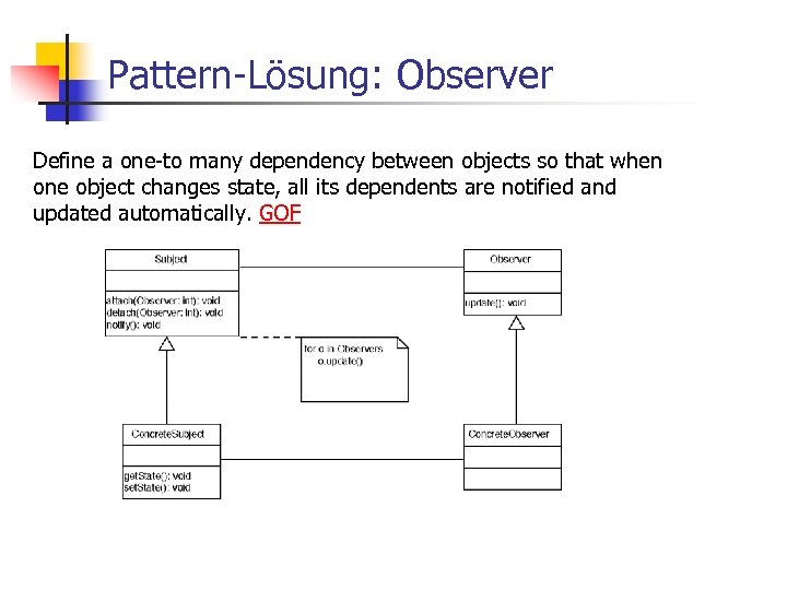 Pattern-Lösung: Observer Define a one-to many dependency between objects so that when one object