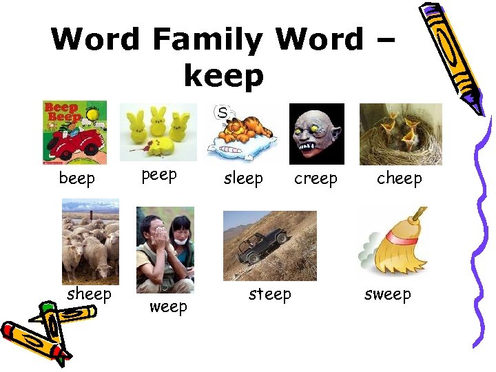 Word Family Word – keep beep sheep peep weep sleep steep creep cheep sweep