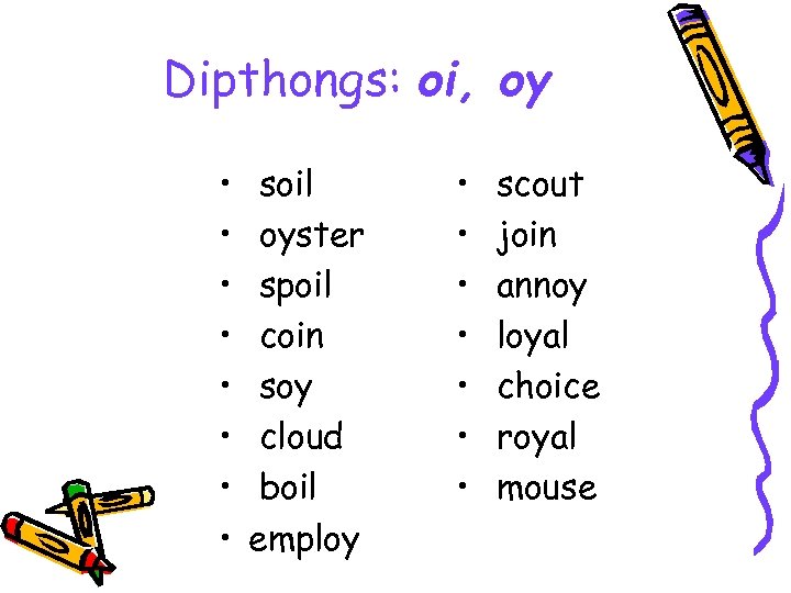 Dipthongs: oi, oy • • soil oyster spoil coin soy cloud boil employ •