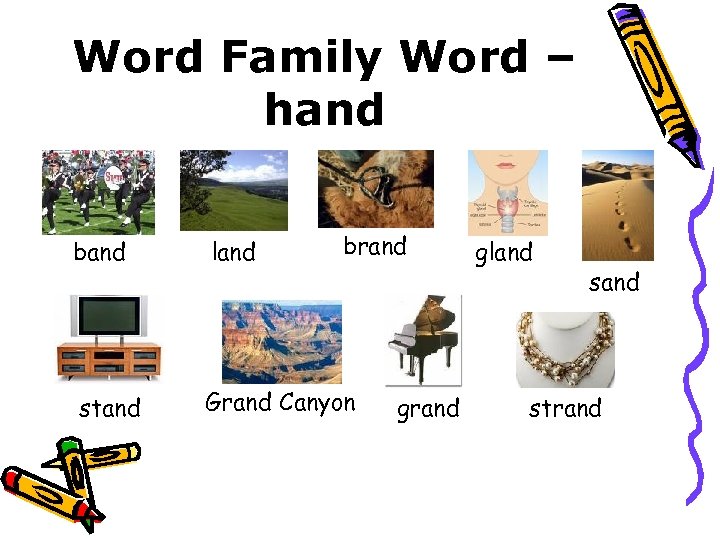 Word Family Word – hand brand band land stand Grand Canyon grand gland strand