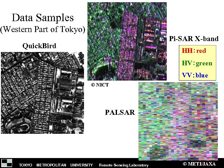 Data Samples (Western Part of Tokyo) Pi-SAR X-band Quick. Bird HH：red HV：green VV：blue ©