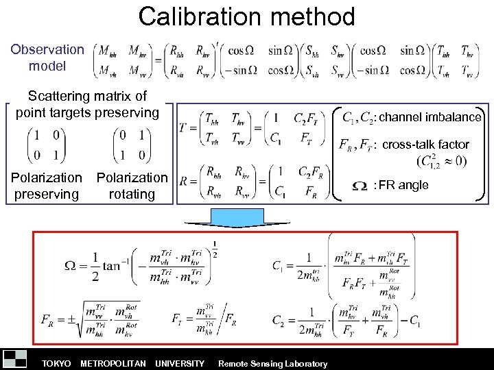Calibration method Observation model Scattering matrix of point targets preserving ：channel imbalance ： cross-talk