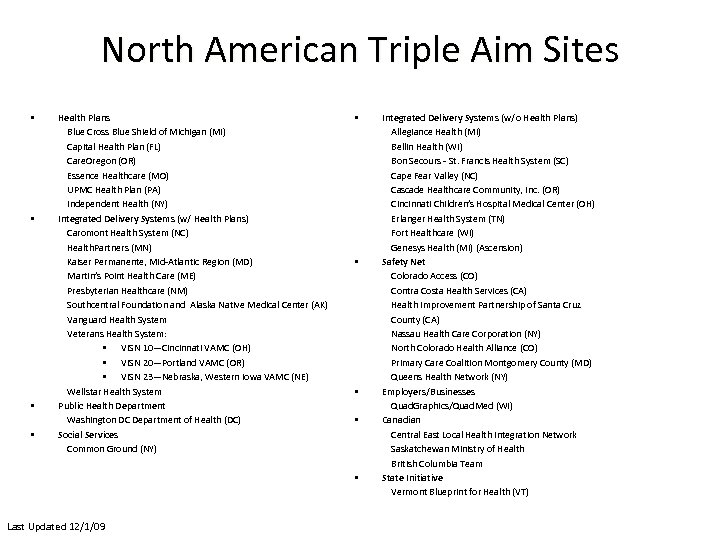 North American Triple Aim Sites • • Health Plans Blue Cross Blue Shield of