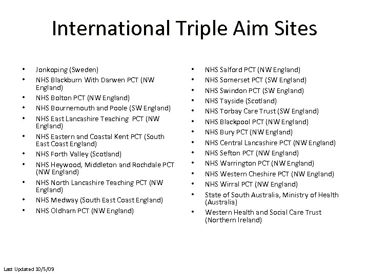 International Triple Aim Sites • • • Jonkoping (Sweden) NHS Blackburn With Darwen PCT