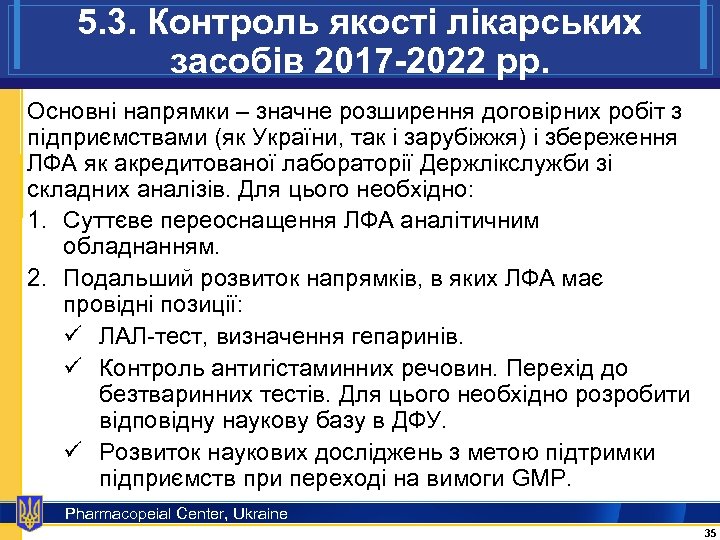 5. 3. Контроль якості лікарських засобів 2017 -2022 рр. Основні напрямки – значне розширення