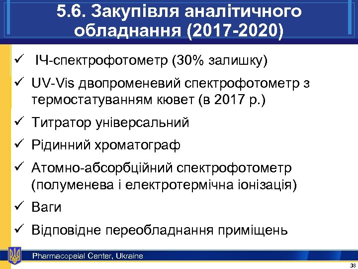 5. 6. Закупівля аналітичного обладнання (2017 -2020) ü ІЧ-спектрофотометр (30% залишку) ü UV-Vis двопроменевий