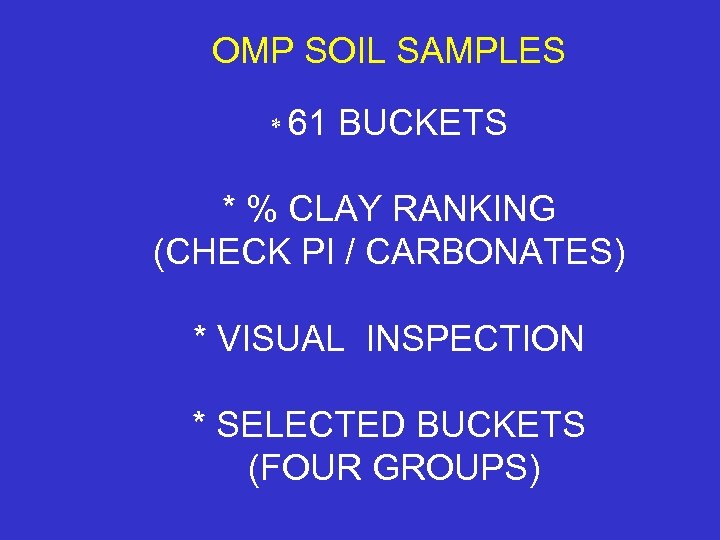 OMP SOIL SAMPLES * 61 BUCKETS * % CLAY RANKING (CHECK PI / CARBONATES)