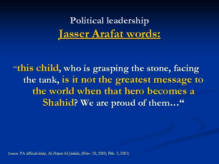 Political leadership Jasser Arafat words: “this child, who is grasping the stone, facing the