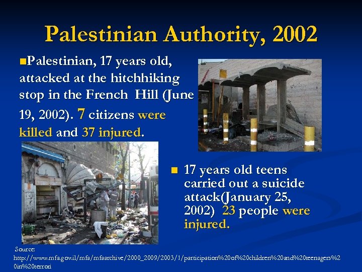 Palestinian Authority, 2002 n. Palestinian, 17 years old, attacked at the hitchhiking stop in