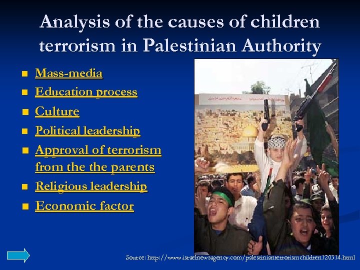 Analysis of the causes of children terrorism in Palestinian Authority n Mass-media Education process