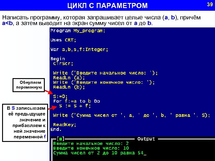 ЦИКЛ С ПАРАМЕТРОМ Написать программу, которая запрашивает целые числа (a, b), причём a<b, а
