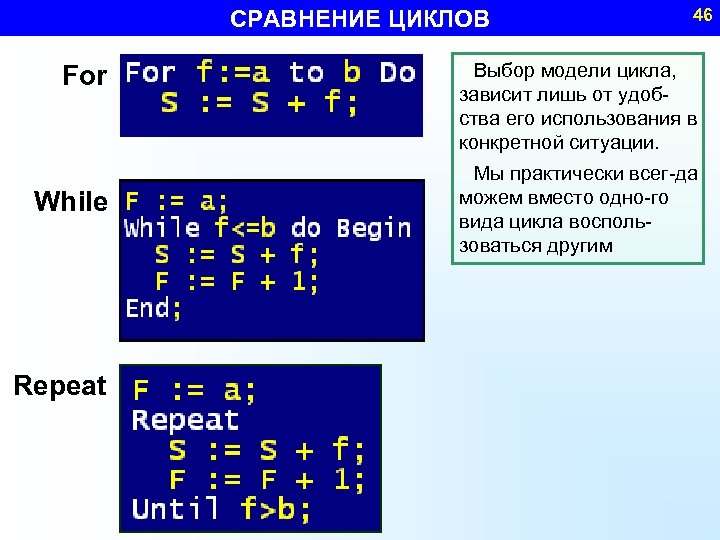 СРАВНЕНИЕ ЦИКЛОВ For While Repeat 46 Выбор модели цикла, зависит лишь от удобства его