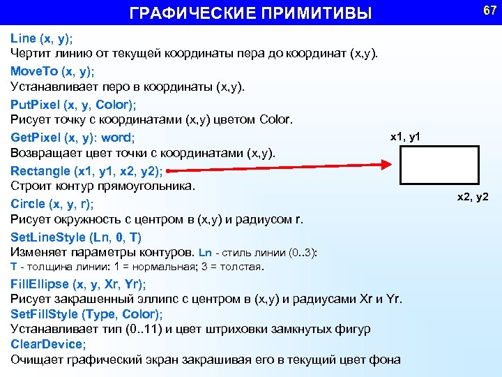 ГРАФИЧЕСКИЕ ПРИМИТИВЫ Line (x, y); Чертит линию от текущей координаты пера до координат (x,