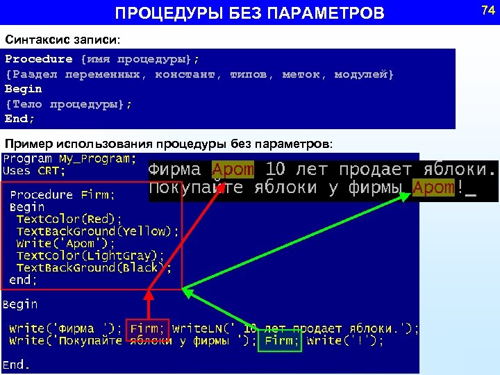 ПРОЦЕДУРЫ БЕЗ ПАРАМЕТРОВ Синтаксис записи: Procedure {имя процедуры}; {Раздел переменных, констант, типов, меток, модулей}