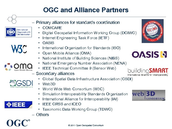 OGC and Alliance Partners – Primary alliances for standards coordination • • • COMCARE