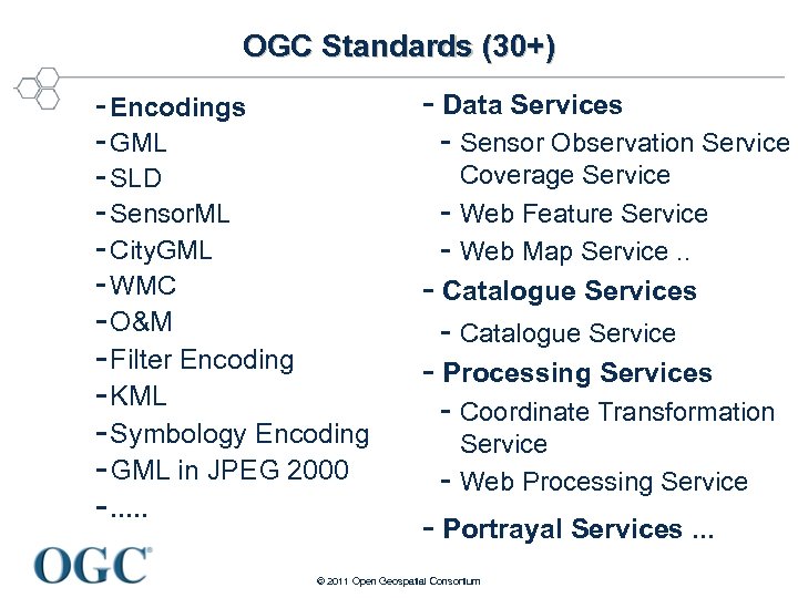 OGC Standards (30+) - Encodings - GML - SLD - Sensor. ML - City.