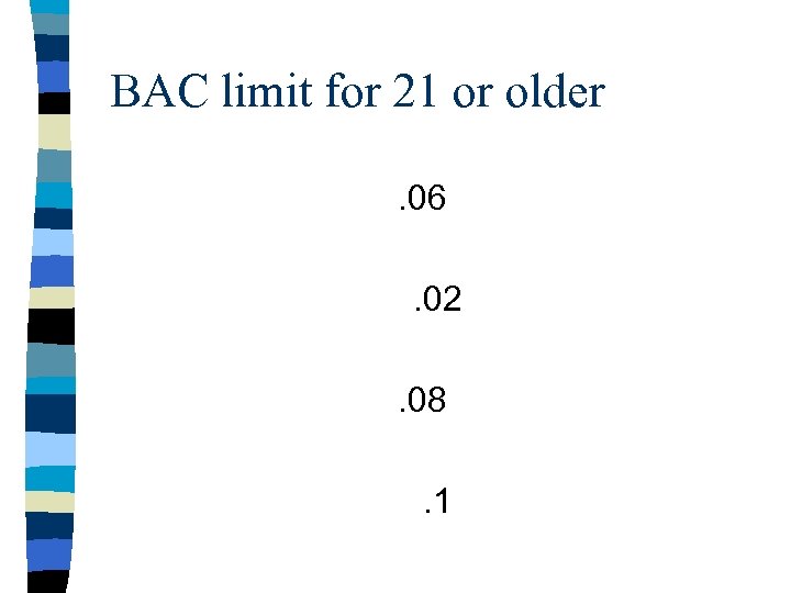 BAC limit for 21 or older. 06. 02. 08. 1 