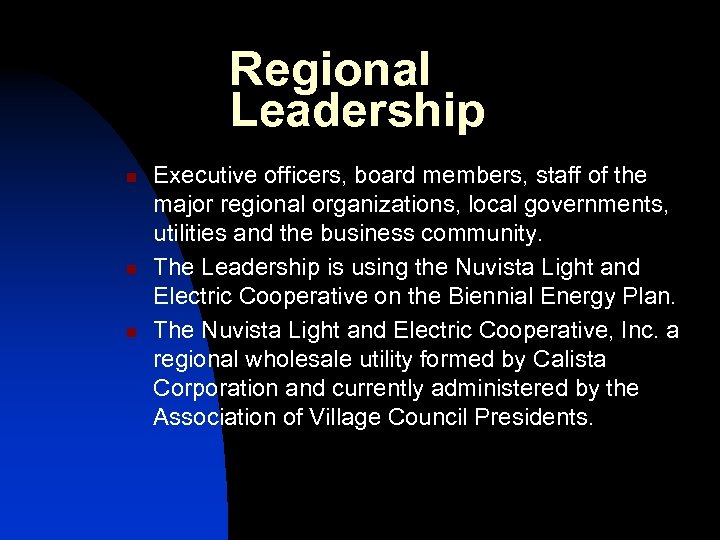 Regional Leadership n n n Executive officers, board members, staff of the major regional