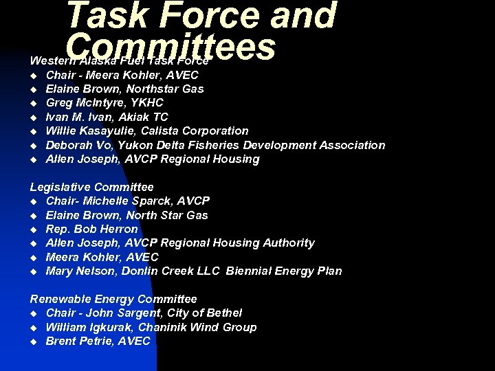 Task Force and Committees Western Alaska Fuel Task Force u Chair - Meera Kohler,