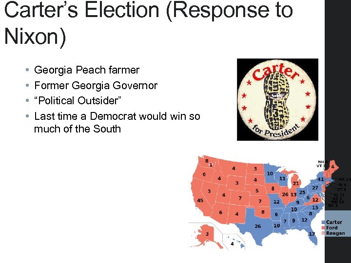 Carter’s Election (Response to Nixon) • • Georgia Peach farmer Former Georgia Governor “Political