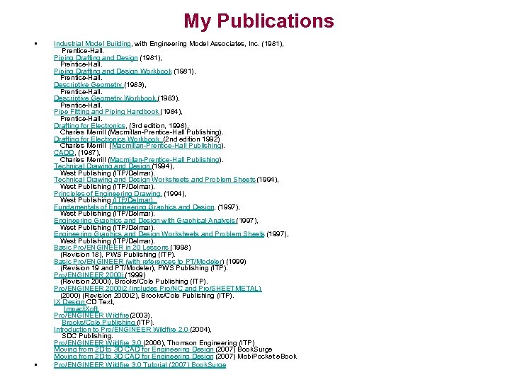 My Publications • • Industrial Model Building, with Engineering Model Associates, Inc. (1981), Prentice-Hall.