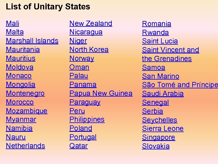 List of Unitary States Mali Malta Marshall Islands Mauritania Mauritius Moldova Monaco Mongolia Montenegro