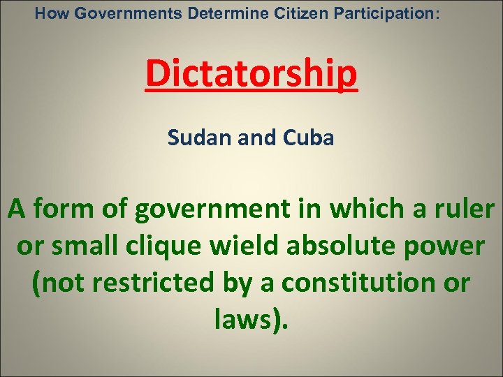 How Governments Determine Citizen Participation: Dictatorship Sudan and Cuba A form of government in