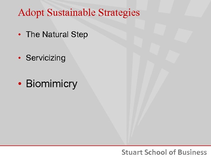 Adopt Sustainable Strategies • The Natural Step • Servicizing • Biomimicry Stuart School of