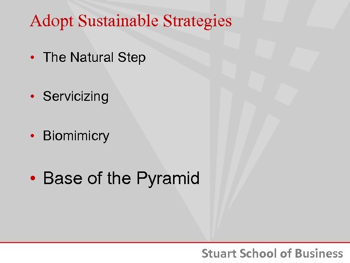 Adopt Sustainable Strategies • The Natural Step • Servicizing • Biomimicry • Base of