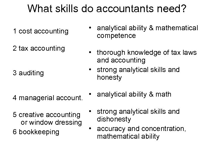 What skills do accountants need? 1 cost accounting 2 tax accounting 3 auditing •