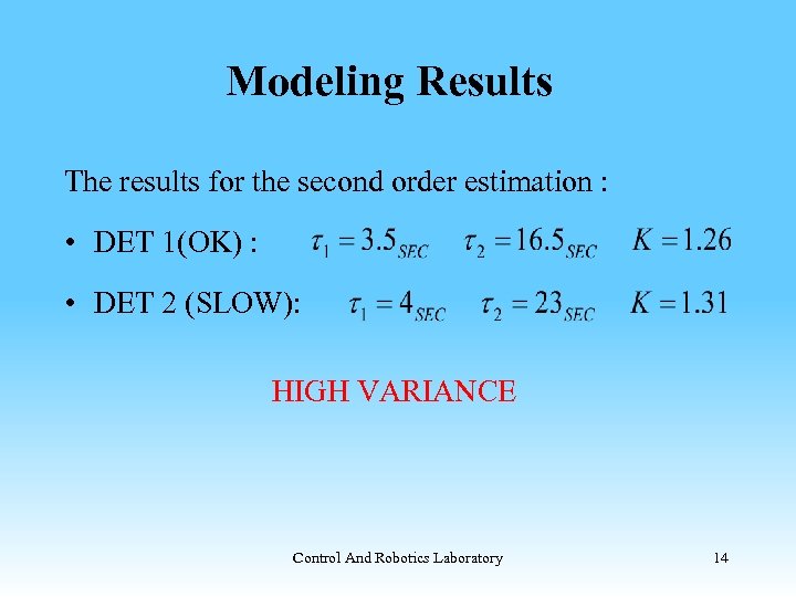 Modeling Results The results for the second order estimation : • DET 1(OK) :